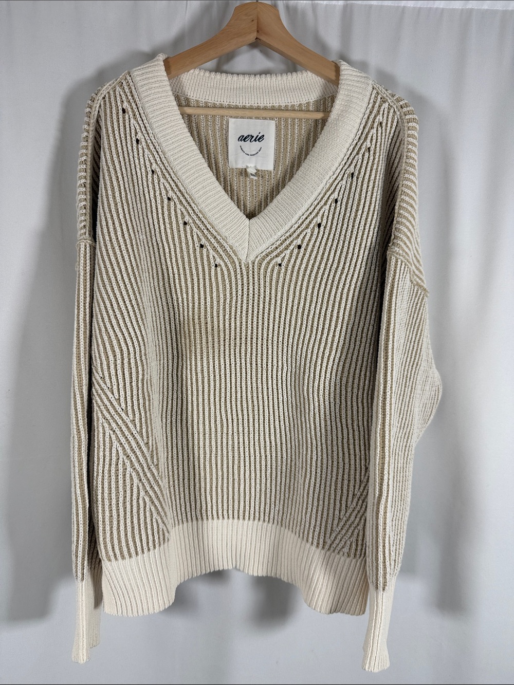 aerie Cream and Tan Striped V-Neck Knit Sweater